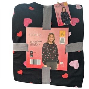 Serra Aldi Women’s Pullover Sweater Black Hearts Valentines Size XL NWT